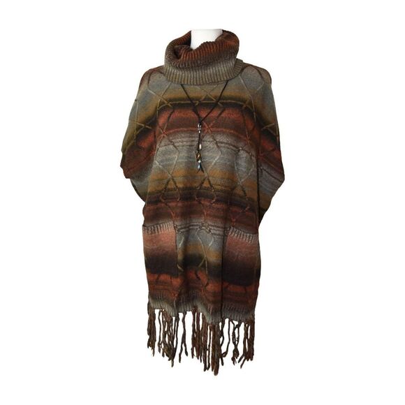 Boho Southwestern Knit Poncho Earthy Sz L Oversized - Picture 1 of 5